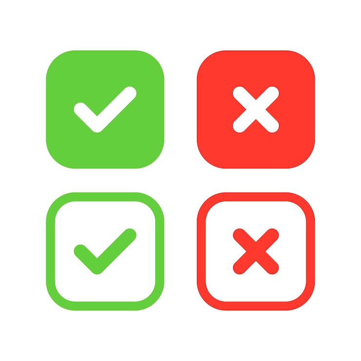 Vector set of square check marks and x marks