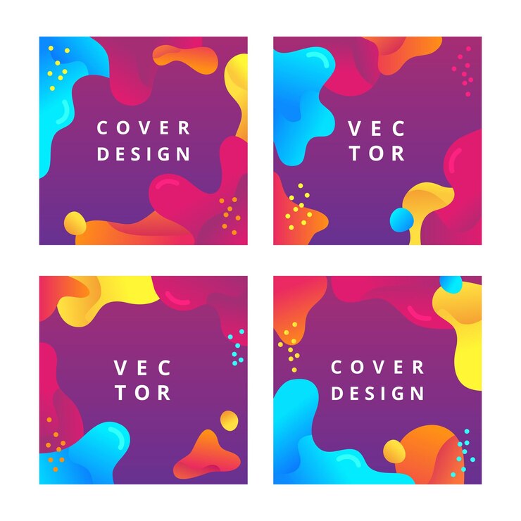 Vector set of square cover templates with fluid shapes gradient geometric backgrounds