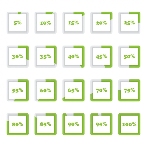 Set di diagrammi percentuali quadrati da 5 a 100 per infografica