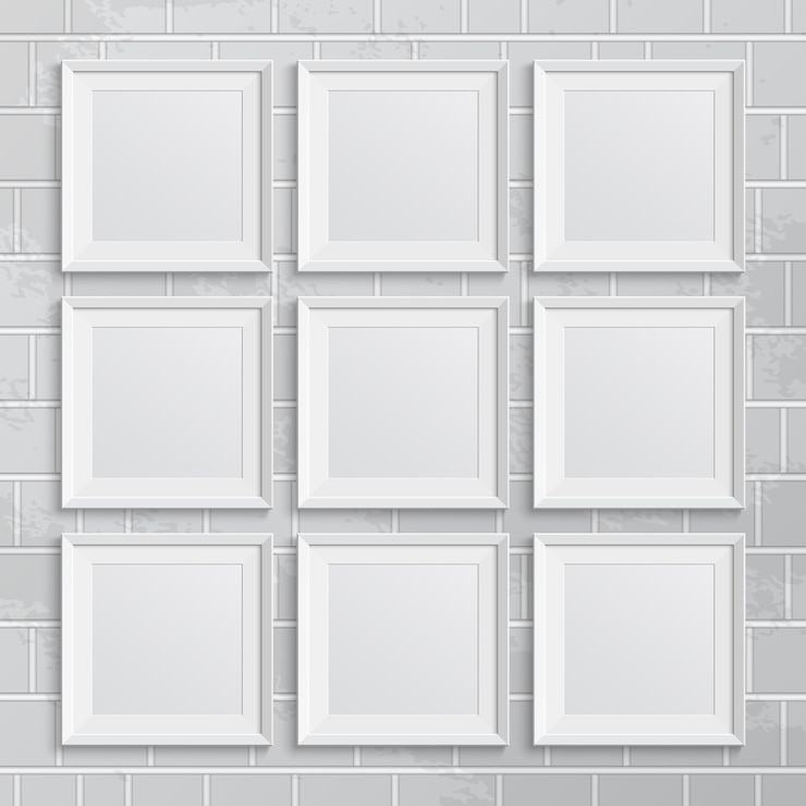 Vector set of square picture frames on brick wall.  illustration