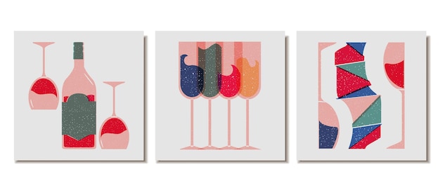 Set of square posters arts with wine glasses and bottle in risograph print style