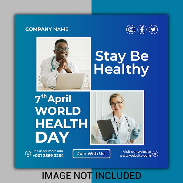 Vector set of square social media post template for world health day with white orange and blue background