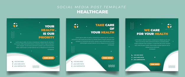 set of square social media template in green and white with wavy background design