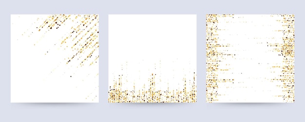 Vector set of square white invitations with gold glitter particles