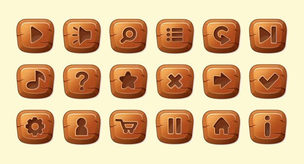 Set di pulsanti quadrati in legno in stile cartone animato una risorsa per una gui in un'app mobile o video casual