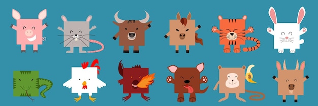 A set of squareshaped chinese zodiac animals