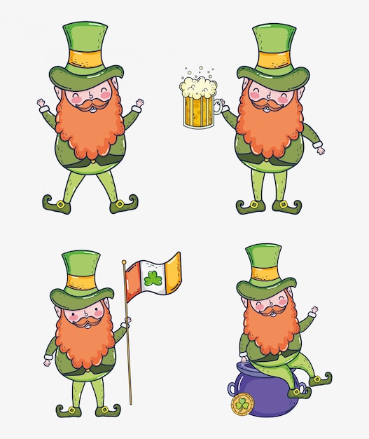 Set st patrcik man with beer glass and ireland flag