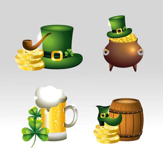 Set st patrick celebration with hat and coins