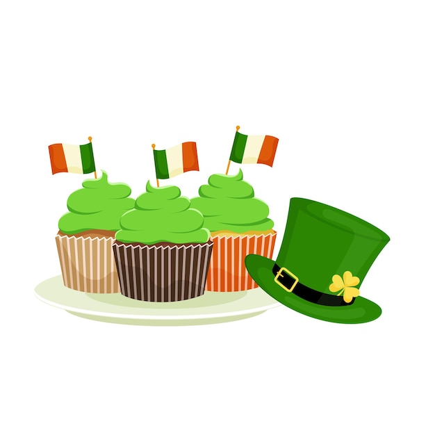 A set of St Patrick's cupcakes a leprechaun hat Flat cartoon vector illustration isolated on a white background