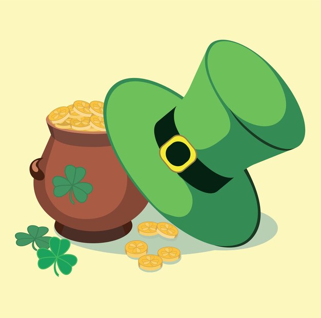 A set of St Patrick's Day symbols A pot of coins Green Hat Vector illustration