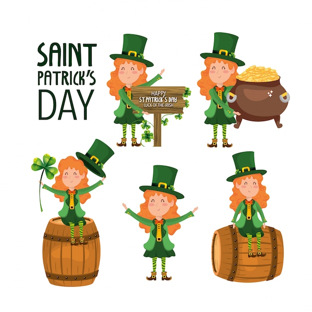 Set st patrick woman with barrel and gold coins