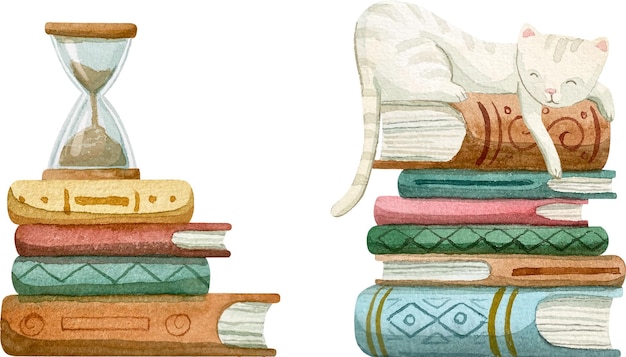 A set of stacks of books with a cat and an hourglass on a white background.