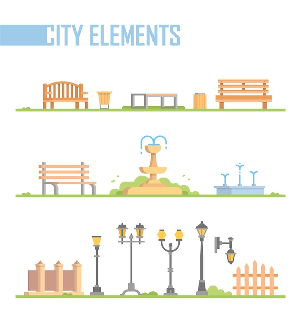 Set stad elementen - moderne cartoon geïsoleerde vectorillustratie in platte ontwerpstijl op witte achtergrond. Verschillende banken, fonteinen, straatlantaarns, vuilnisbakken, hek, poorten op een groen gazon