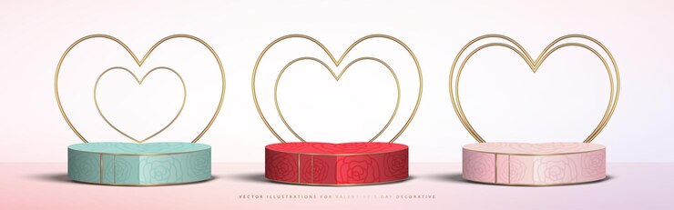 Vector set of stage podium decoration with heart shaped gold metal vector illustration