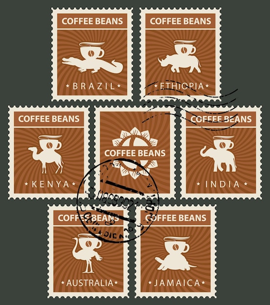 Vector set of stamps with animals carrying coffee