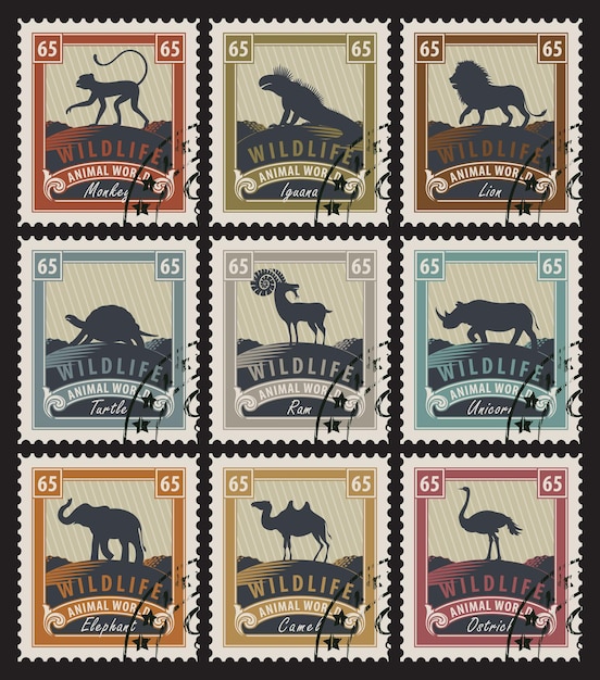 Vector set of stamps with different animals