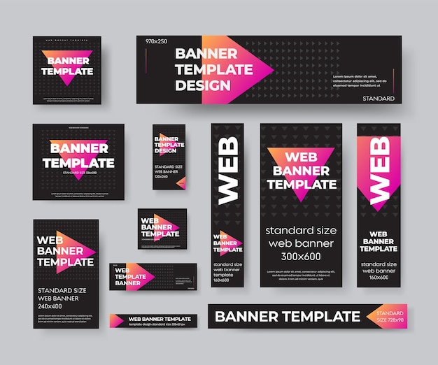 Vector set of standard black web banners, with purple gradient triangles, for advertising in an online store, social media. template geometric posters, cards with vector illustration for design presentation