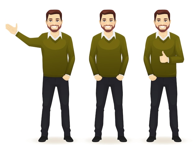 Vector set of standing business man in different poses wearing casual clothes isolated