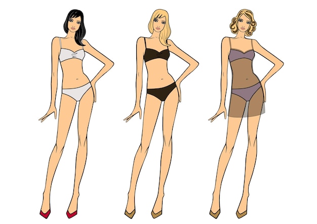 Vector set of a standing woman in underwear. full length front, back view.