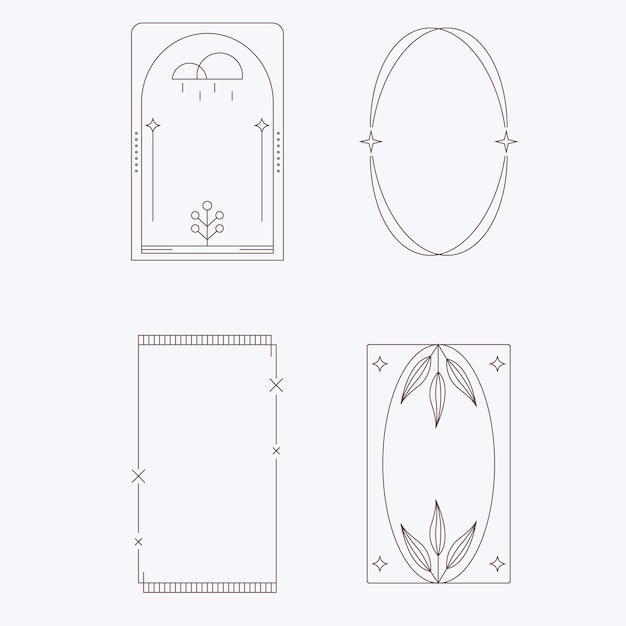 Set of star frames arch element with linear ornament vector minimal decorative set of retro border