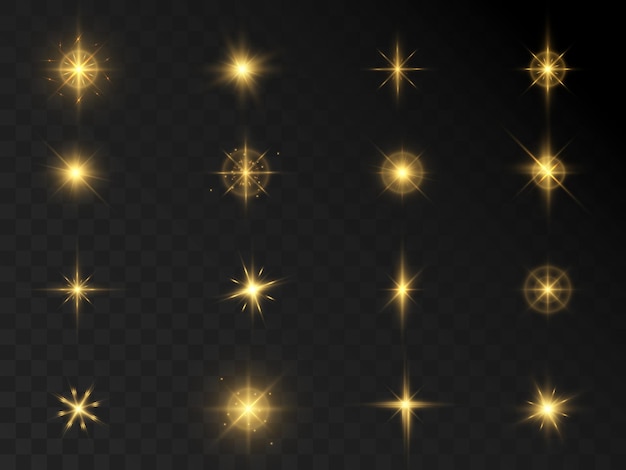 Set di stelle effetti di luce per il web design e illustrazioni vettore png di luce incandescente dorata.