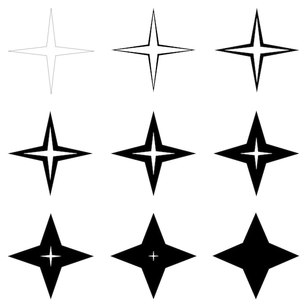 Установите звезды с различной толщиной очертаний, векторные тонкие и толстые звезды блестят вспышкой