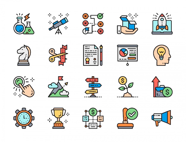 Set of Startup Color Line Icons. Megaphone, Stamp, Trophy, Presentation and more