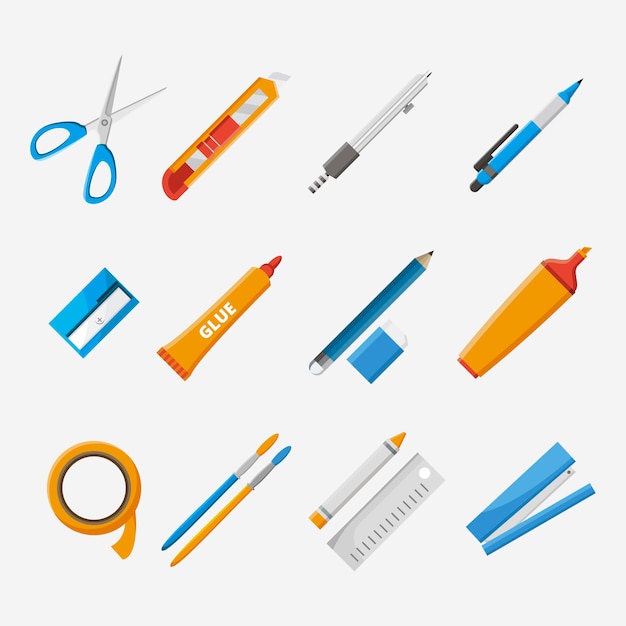 Set of stationery flat design icons free vector