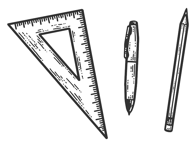 Vector a set of stationery pen pencil and triangular ruler sketch scratch board imitation