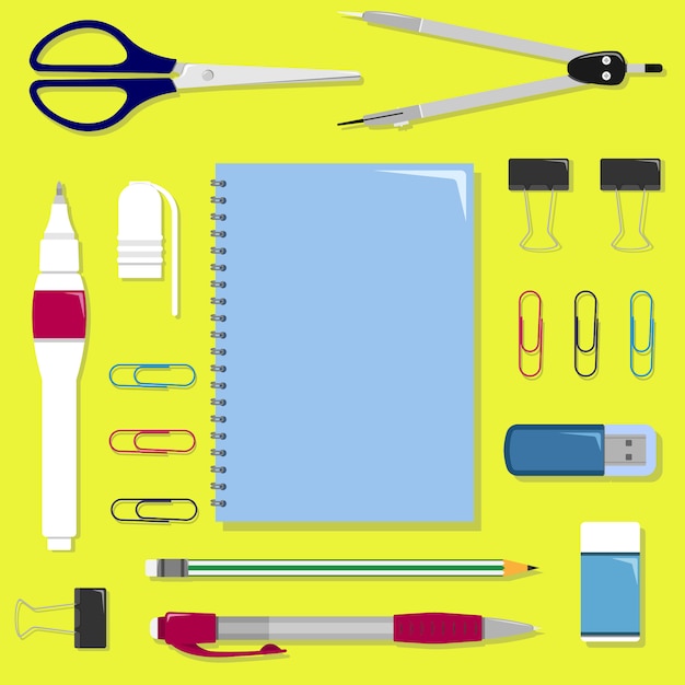  set of stationery on the table. School or office  set.