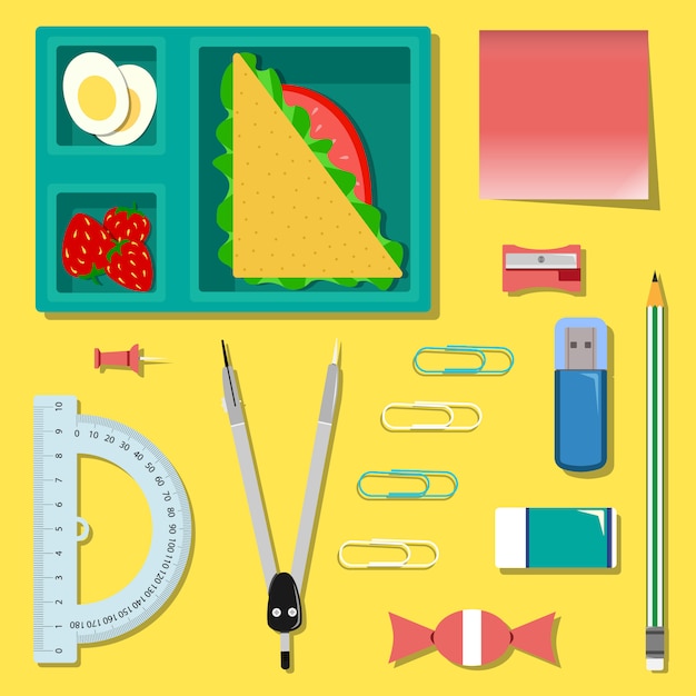 Vector set of stationery with lunch box on the table. school or office  set.