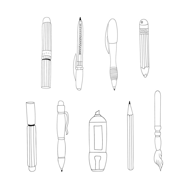 set of stationery writing and drawing supplies. hand drawn pen pencil marker highlighter art brush