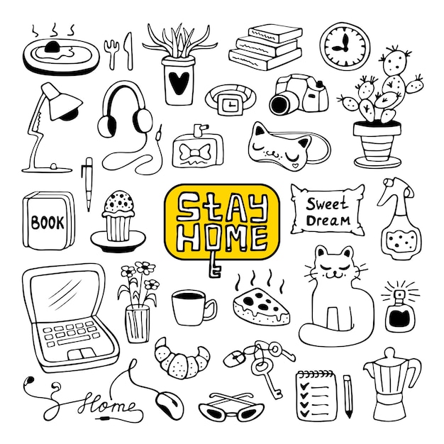 Set stay home in doodle style poster stay home black and white cute icons sweet home