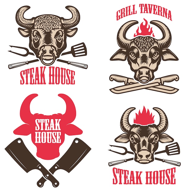 Vector set of steak house emblems. labels with bull heads. elements for logo, label, emblem, sign.  illustration