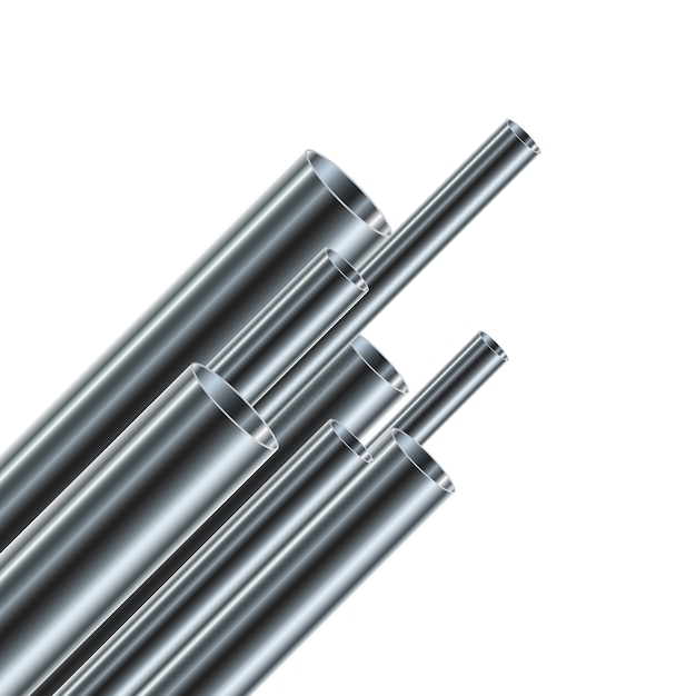 Vector set of steel or aluminum pipes, isolated.  glossy tubes of different diameters.