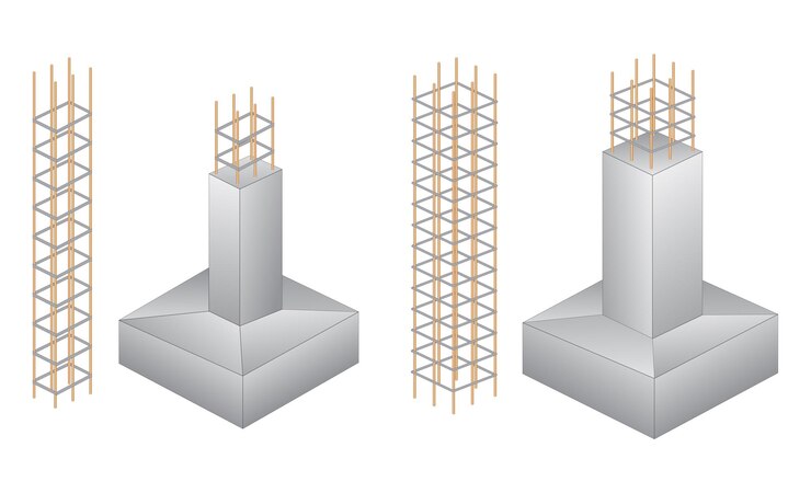 Vector set of steel column foundation in reinforced concrete block eps vector