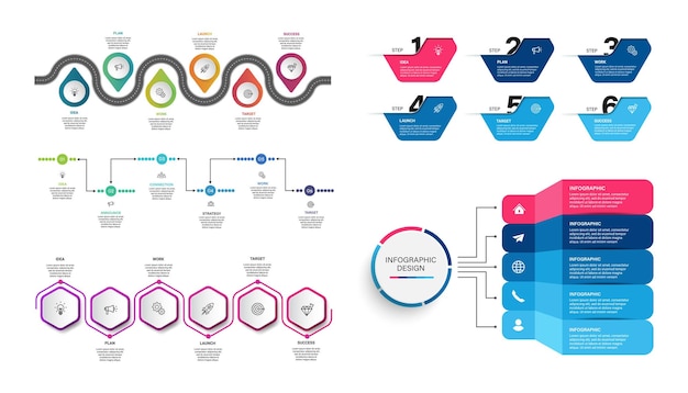 Design del modello infografico del processo di visualizzazione della sequenza temporale dei dati aziendali di passaggi con icone