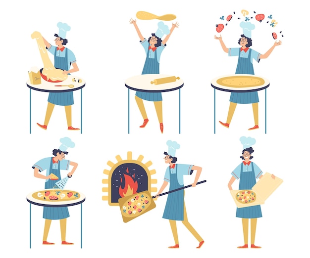 Vector set of steps cooking pizza on cuisine of restaurant bakery pizzeria or cafe