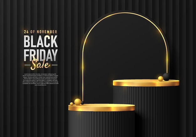 Set di gradini realistico 3d nero dorato cilindro di lusso stand podio nel concetto di scena del venerdì nero