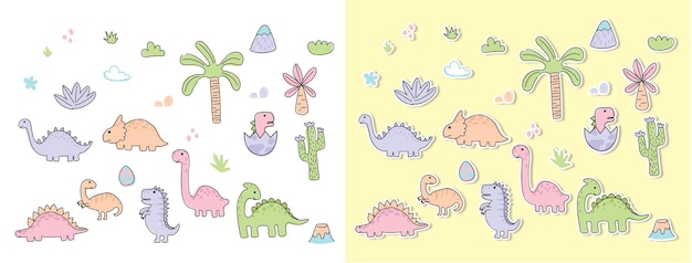 Set of sticker cute dinosaurs hand drawn for children print