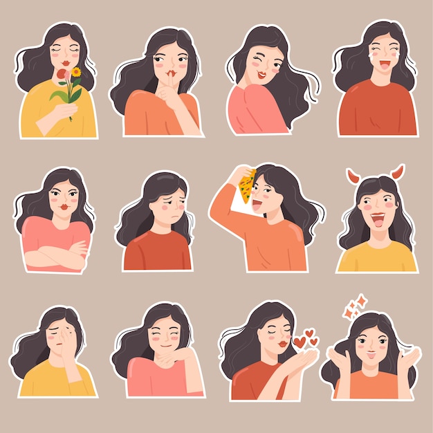 Set of  sticker cute woman in various expression