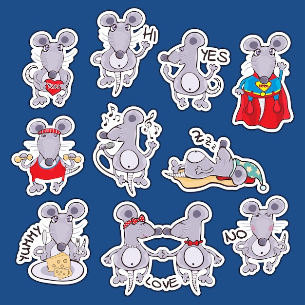 Vector set of sticker funny rat in different emotions and actions icon vector illustration cartoon outline