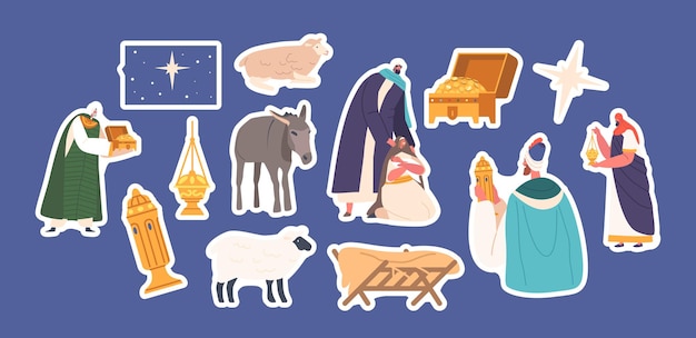 Set of Sticker Gifts Of Magi Biblical Scene with Three Wise Men Brought Gifts of Gold Frankincense And Myrrh