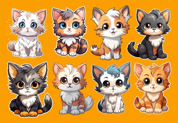 Set of sticker template of cats cartoon character vector illustration