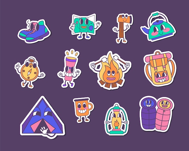 Vector set of sticker travel for design , retro camping sticker pack, cute mascot