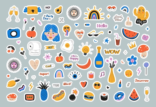 Set of sticker, vector flat illustration. Cute sticker template decorated  trendy lettering.