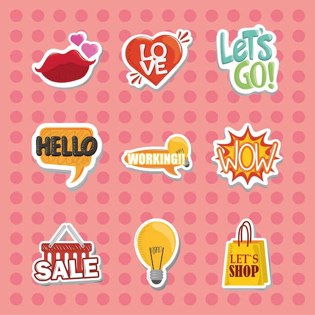 Set sticker with lips heart speech bubbles vector illustration