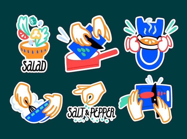 Vector a set of stickers about cooking. salad, frying pan, apron, pie, beating dough, salt and pepper.