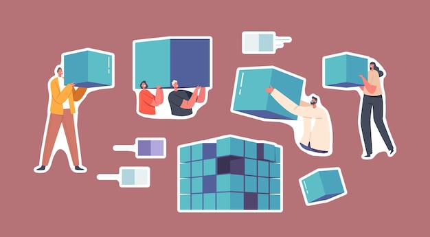 Set stickers Big Database Storage Management Tiny Web Technicians Characters met behulp van netwerkdatabase-interface