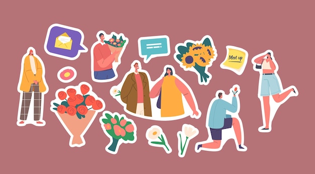 Set of stickers boyfriends giving flowers to girlfriends young couples dating love human relations gifts